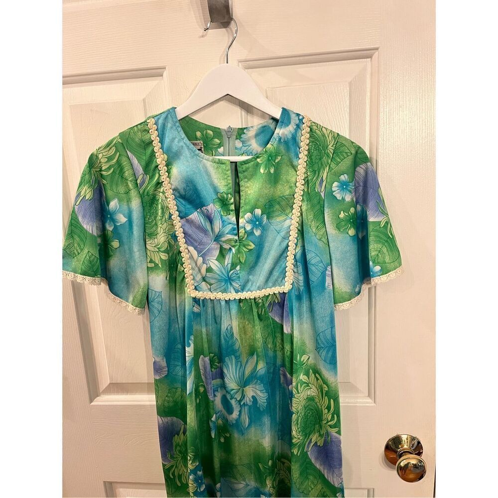 Vintage Napili Made In Hawaii Blue & Green Rope Accent House Dress Coat MuMu sz